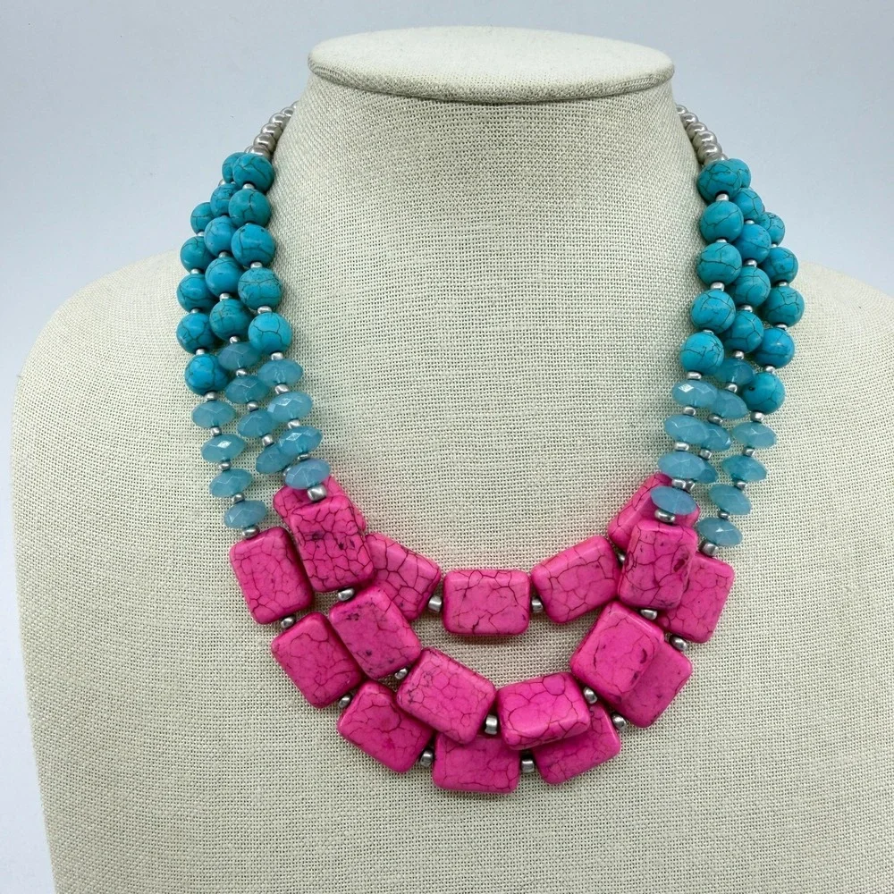 Hot Pink Turquoise Blue Bead Triple Strand Necklace Chunky Boho Statement Gift